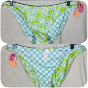 Ninety-Nine Reversible Bikini Bottoms Teal Checkered Lime Floral NN44S004RP L